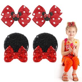 2 Pairs Mouse Ears Hair Clips and Mouse Hair Bows Barrettes for Toddler Baby Girls Kids Cute Red Polka Dot Pigtail Bows Birthday Party Cartoon Costume Hair Accessories Christmas Holiday Gift