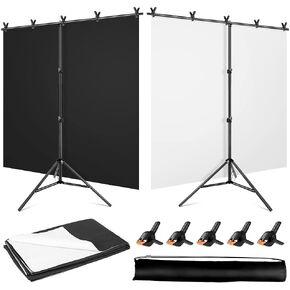 Black White Backdrop Screen with Stand Kit 5x6.5ft for Photo Video Studio, 2-in-1 Revisible Black Backdrop White Screen with T-Shaped Photography Background Support Stand and 5 Backdrop Clamps