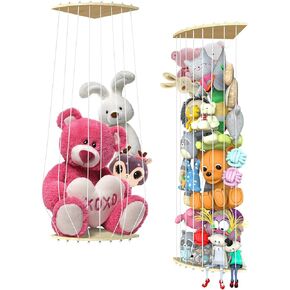 2 Pack Corner Stuffed Animal Storage, 6FT Wood Stuffed Animal Holder for Kids Room, Plushie Toys Shelf Organizer with Adjustable Length