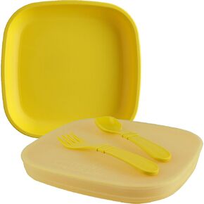 Re-Play -Made in USA - 5 Piece Toddler Feeding Set Flat Plate, Silicone Storage Lid, Utensils - Made from Environmentally Friendly Recycled Milk Jugs - Aqua