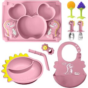 Dinosaur Silicone Baby Feeding Set |Toddler Utensils, baby spoon and fork, waterproof bibs, bowl & suction plates for Self-Feeding. Baby Led Weaning, Toddler feeding supplies. (Princess Pink)