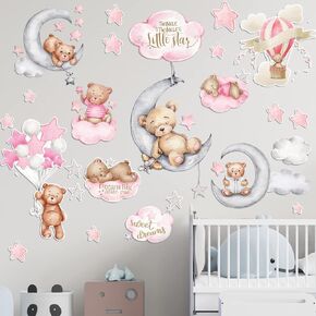 Yinder 12 Sheet 78 Pcs Bear Highland Cow Wall Decals Baby Wall Decals Cute Bear Highland Cow Wall Sticker Nursery Baby Wall Decor for Kids Girls Boys Baby Room Bedroom(Blue Bear)