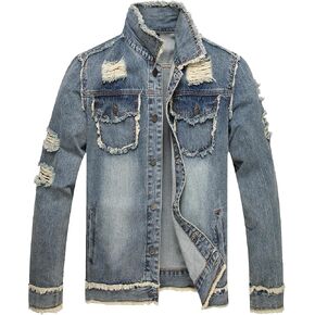 BULUWIE Jean Jacket for Men, Fashion Mens Denim Jacket Washed Classic Casual Distressed Ripped Slim Fit Trucker Jacket
