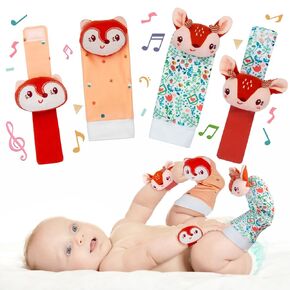 Lovely Animal Wrist Rattles & Sock Toy for Baby Infant 0-6 6-12 Month Old Newborn Soft Toy Hand and Foot Finder Girl Boy Birthday Shower Christmas Gift Set for Babies