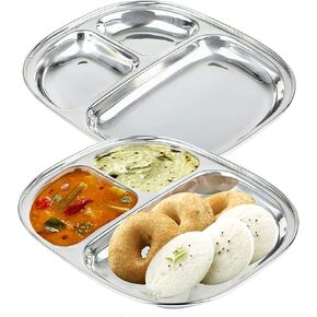 4 Pack Stainless steel Plates 3 section divided Dinner Plates - Portion Control Plates - Baby Feeding Compact Oval Trays for Kids Toddlers - Camping Dishes