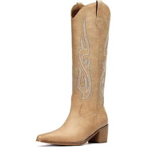Pasuot Western Cowboy Boots for Women - Knee High Wide Calf Cowgirl Boots with Classic Embroidered, Slip On Pointed Toe Chunky Heel Fashion Retro Classic Pull On Tall Boot Light Brown Size 5.5