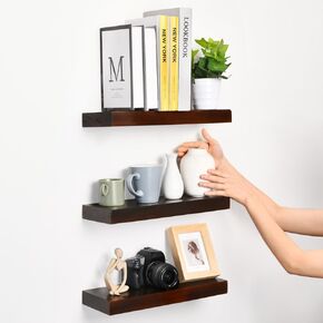 Wood Floating Shelves 16 inch Set of 3, Bathroom Shelves for Wall Mounted, Rustic Wooden Wall Shelves DIY for Kitchen, Living Room, Bedroom, 16 x 5.8 x 1.5 inch