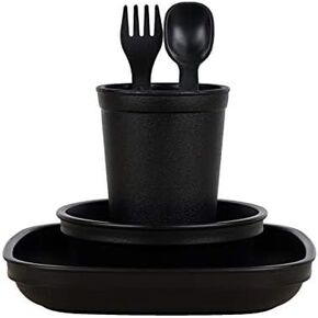 Re-Play Made in USA Toddler Dinnerware Set - 10 oz. Open Cup, 7" Flat Plate, 12 Oz. Bowl, Rounded Tip Fork and Deep Scoop Spoon - Dishwasher/Microwave Safe Plastic Dinnerware Set - Black