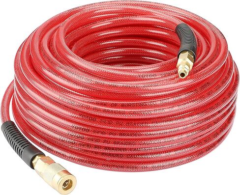 YOTOO خرطوم هواء 1/4 بوصة × 100 قدم، خرطوم ضاغط هواء من البولي يوريثين المقوى للخدمة الشاقة، مرن، مقاوم للالتواء، خفيف الوزن مع مقيد الانحناء، وصلة توصيل صناعية سريعة دوارة 1/4 بوصة، أحمر in Kuwait