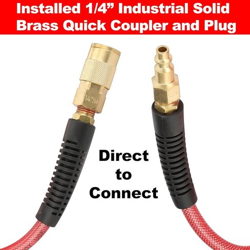 YOTOO خرطوم هواء 1/4 بوصة × 100 قدم، خرطوم ضاغط هواء من البولي يوريثين المقوى للخدمة الشاقة، مرن، مقاوم للالتواء، خفيف الوزن مع مقيد الانحناء، وصلة توصيل صناعية سريعة دوارة 1/4 بوصة، أحمر in Kuwait