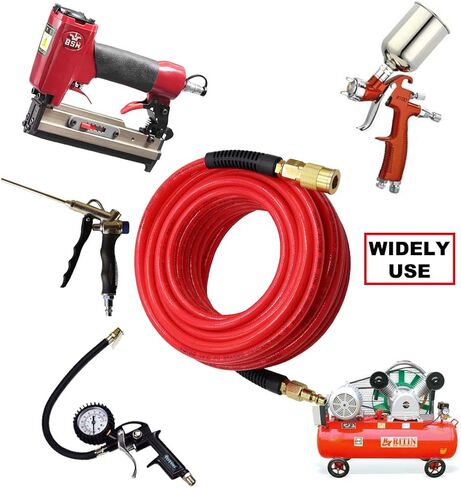 YOTOO خرطوم هواء 1/4 بوصة × 100 قدم، خرطوم ضاغط هواء من البولي يوريثين المقوى للخدمة الشاقة، مرن، مقاوم للالتواء، خفيف الوزن مع مقيد الانحناء، وصلة توصيل صناعية سريعة دوارة 1/4 بوصة، أحمر in Kuwait