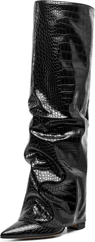SaraIris Women's Slouchy Boots Black Boots Knee High Boots Pointed Toe Boots Fold Over Boots Chunky Boots Shark Boots for Women in Saudi Arabia