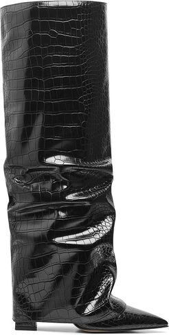 SaraIris Women's Slouchy Boots Black Boots Knee High Boots Pointed Toe Boots Fold Over Boots Chunky Boots Shark Boots for Women in Saudi Arabia