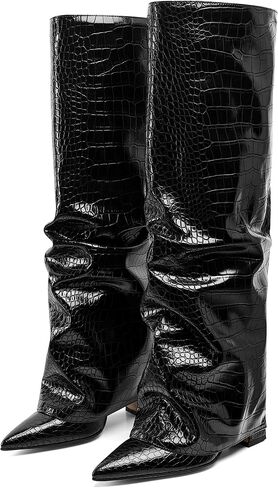SaraIris Women's Slouchy Boots Black Boots Knee High Boots Pointed Toe Boots Fold Over Boots Chunky Boots Shark Boots for Women in Saudi Arabia