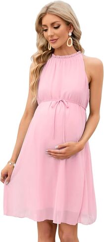 KOJOOIN Maternity Ruffle Halter Neck Dress Summer Casual Boho Sleeveless High Waisted Flowy Midi Dress Photoshoot Baby Shower in Kuwait
