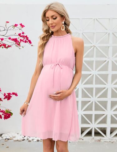 KOJOOIN Maternity Ruffle Halter Neck Dress Summer Casual Boho Sleeveless High Waisted Flowy Midi Dress Photoshoot Baby Shower in Kuwait