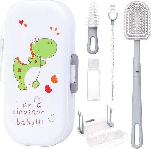 6-in-1 Travel Baby Bottle Brush Cleaning Kit, Travel Bottle Cleaner Kit with Silicone Bottle Brush, Nipple Brush, Straw Brush, Drying Rack, Dispenser, Organizer, Baby Travel Essential - Pink in Saudi Arabia