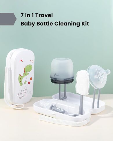 6-in-1 Travel Baby Bottle Brush Cleaning Kit, Travel Bottle Cleaner Kit with Silicone Bottle Brush, Nipple Brush, Straw Brush, Drying Rack, Dispenser, Organizer, Baby Travel Essential - Pink in Saudi Arabia