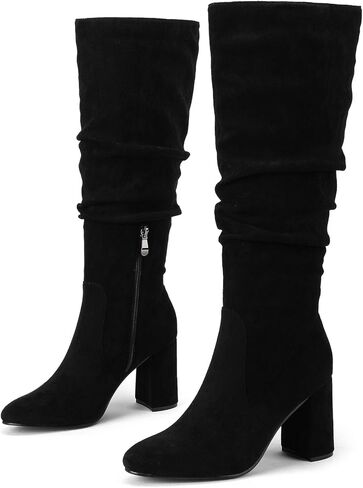 Eteridrey Knee High Boots Womens Chunky Heels Side Zipper Slouchy Boots Comfortable Faux Suede Riding Mid Calf Boots… in Kuwait