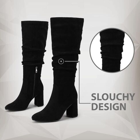 Eteridrey Knee High Boots Womens Chunky Heels Side Zipper Slouchy Boots Comfortable Faux Suede Riding Mid Calf Boots… in Kuwait