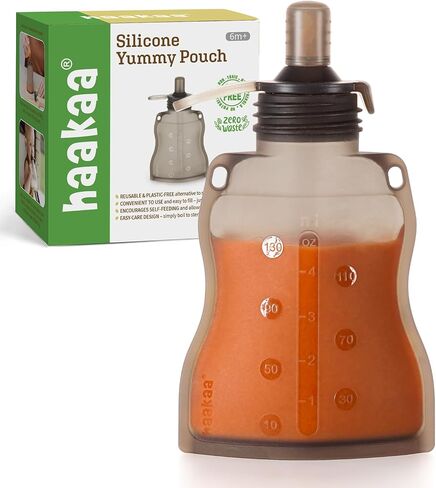 haakaa Silicone Yummy Pouch, Reusable Squeeze Baby Food Pouch Refillable, Soft Reusable Food Pouch for Baby Purees, Portable Food Storage Bag Pocket Great for Soft Foods and Liquids, 4oz, 1 Pack,6m+ in Saudi Arabia