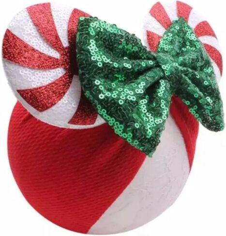J&J Boutiques Mouse Ears Headband/Headwrap - Toddler, Baby, Kids - Party Supplies - Christmas Candy Cane Bow with Green Ears One Size in Saudi Arabia