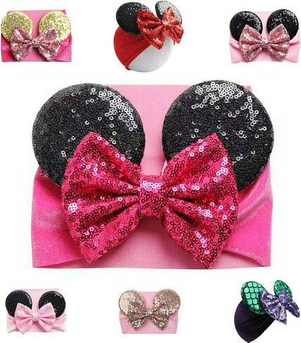 J&J Boutiques Mouse Ears Headband/Headwrap - Toddler, Baby, Kids - Party Supplies - Christmas Candy Cane Bow with Green Ears One Size in Saudi Arabia