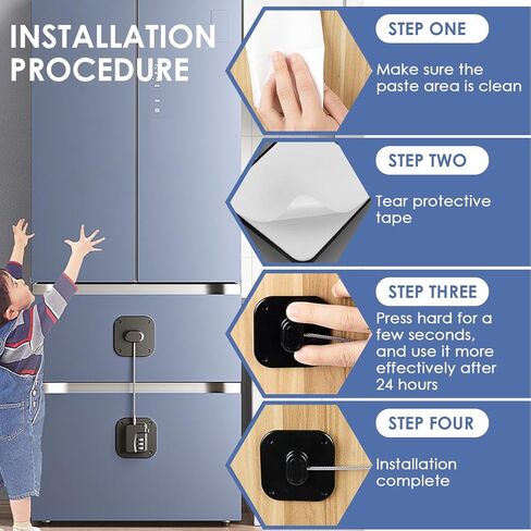 عبوتان من قفل الثلاجة، قفل خزانة مع رمز لسلامة الأطفال، أقفال الثلاجة مع لاصق قوي لا يترك علامات، بدون حفر (أسود) in Kuwait
