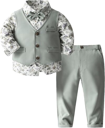 ARTMINE Toddler Boy Clothes Suit Gentleman Wedding Outfits, Formal Dress Shirt+Bowtie+Vest+Pants in Kuwait