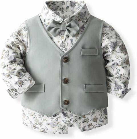 ARTMINE Toddler Boy Clothes Suit Gentleman Wedding Outfits, Formal Dress Shirt+Bowtie+Vest+Pants in Kuwait