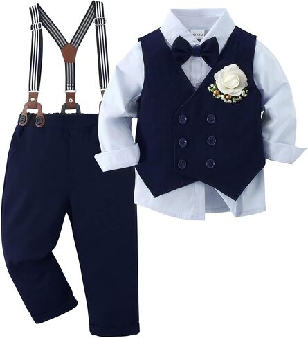 ARTMINE Toddler Boy Clothes Suit Gentleman Wedding Outfits, Formal Dress Shirt+Bowtie+Vest+Pants in Kuwait