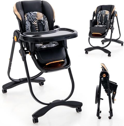 BABY JOY High Chair, Foldable Baby High Chair with Adjustable Height, Backrest & Footrest, Double Removable Tray, Portable High Chair with Wheels for Babies & Toddlers of 6-36 Months (Black) in Saudi Arabia