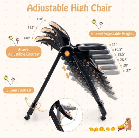 BABY JOY High Chair, Foldable Baby High Chair with Adjustable Height, Backrest & Footrest, Double Removable Tray, Portable High Chair with Wheels for Babies & Toddlers of 6-36 Months (Black) in Saudi Arabia