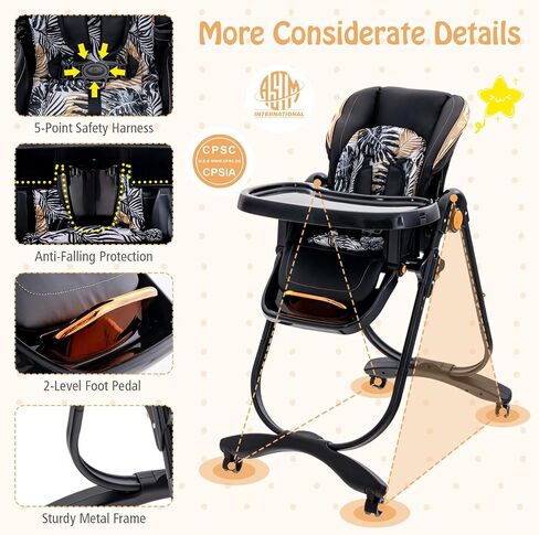 BABY JOY High Chair, Foldable Baby High Chair with Adjustable Height, Backrest & Footrest, Double Removable Tray, Portable High Chair with Wheels for Babies & Toddlers of 6-36 Months (Black) in Saudi Arabia