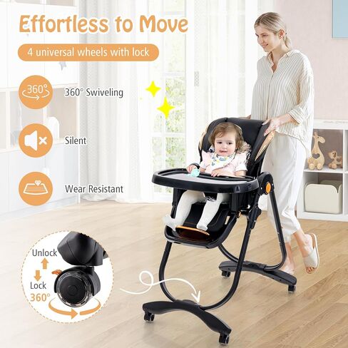 BABY JOY High Chair, Foldable Baby High Chair with Adjustable Height, Backrest & Footrest, Double Removable Tray, Portable High Chair with Wheels for Babies & Toddlers of 6-36 Months (Black) in Saudi Arabia