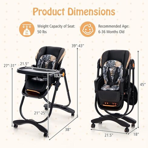 BABY JOY High Chair, Foldable Baby High Chair with Adjustable Height, Backrest & Footrest, Double Removable Tray, Portable High Chair with Wheels for Babies & Toddlers of 6-36 Months (Black) in Saudi Arabia