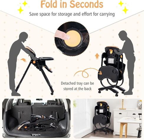 BABY JOY High Chair, Foldable Baby High Chair with Adjustable Height, Backrest & Footrest, Double Removable Tray, Portable High Chair with Wheels for Babies & Toddlers of 6-36 Months (Black) in Saudi Arabia