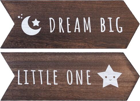 Dream Big Little One Sign - 2 Pcs Nursery Wall Decor, Moon and Stars Gender Neutral Nursery Decor, Rustic Wooden Arrow Playroom Art, Boy Girl Toddler Woodland Decoration, 14 x 5 inch, Brown in Saudi Arabia