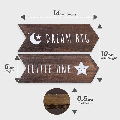 Dream Big Little One Sign - 2 Pcs Nursery Wall Decor, Moon and Stars Gender Neutral Nursery Decor, Rustic Wooden Arrow Playroom Art, Boy Girl Toddler Woodland Decoration, 14 x 5 inch, Brown in Saudi Arabia