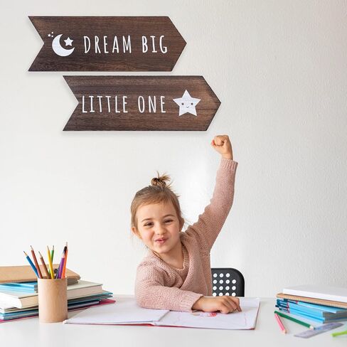 Dream Big Little One Sign - 2 Pcs Nursery Wall Decor, Moon and Stars Gender Neutral Nursery Decor, Rustic Wooden Arrow Playroom Art, Boy Girl Toddler Woodland Decoration, 14 x 5 inch, Brown in Saudi Arabia
