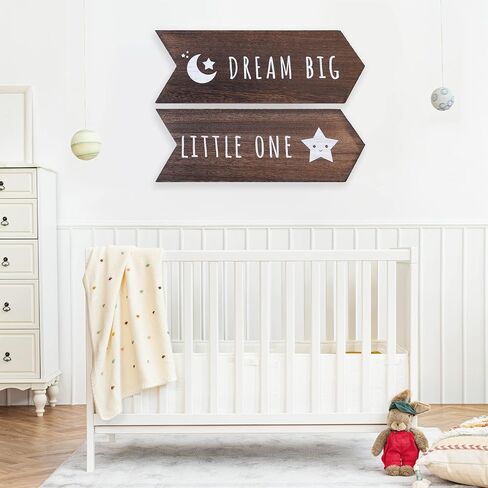 Dream Big Little One Sign - 2 Pcs Nursery Wall Decor, Moon and Stars Gender Neutral Nursery Decor, Rustic Wooden Arrow Playroom Art, Boy Girl Toddler Woodland Decoration, 14 x 5 inch, Brown in Saudi Arabia