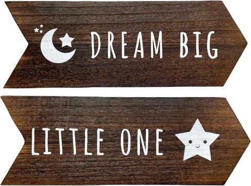 Dream Big Little One Sign - 2 Pcs Nursery Wall Decor, Moon and Stars Gender Neutral Nursery Decor, Rustic Wooden Arrow Playroom Art, Boy Girl Toddler Woodland Decoration, 14 x 5 inch, Brown in Saudi Arabia