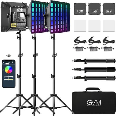 GVM 800D RGB Photography Lighting Kits with 3 Softboxes, 3 Packs Studio Lights with Bluetooth Control, YouTube Video Light with Upgrade18 Lighting Scenes, led Panel Lights for Video Recording in Saudi Arabia