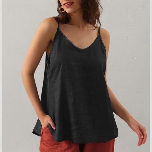 Amazhiyu Women's Pure Linen Summer Camisole Sleeveless V Neck Tops with Tassels in Kuwait
