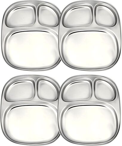 4 Pack Stainless steel Plates 3 section divided Dinner Plates - Portion Control Plates - Baby Feeding Compact Oval Trays for Kids Toddlers - Camping Dishes in Saudi Arabia