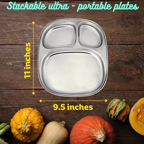 4 Pack Stainless steel Plates 3 section divided Dinner Plates - Portion Control Plates - Baby Feeding Compact Oval Trays for Kids Toddlers - Camping Dishes in Saudi Arabia