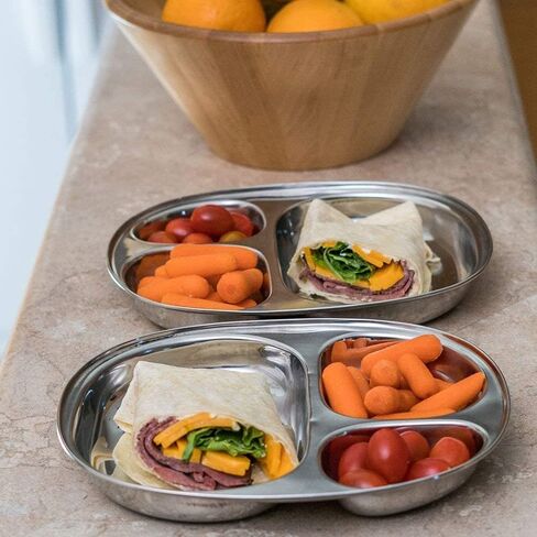 4 Pack Stainless steel Plates 3 section divided Dinner Plates - Portion Control Plates - Baby Feeding Compact Oval Trays for Kids Toddlers - Camping Dishes in Saudi Arabia