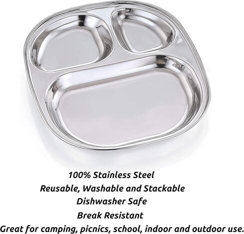 4 Pack Stainless steel Plates 3 section divided Dinner Plates - Portion Control Plates - Baby Feeding Compact Oval Trays for Kids Toddlers - Camping Dishes in Saudi Arabia
