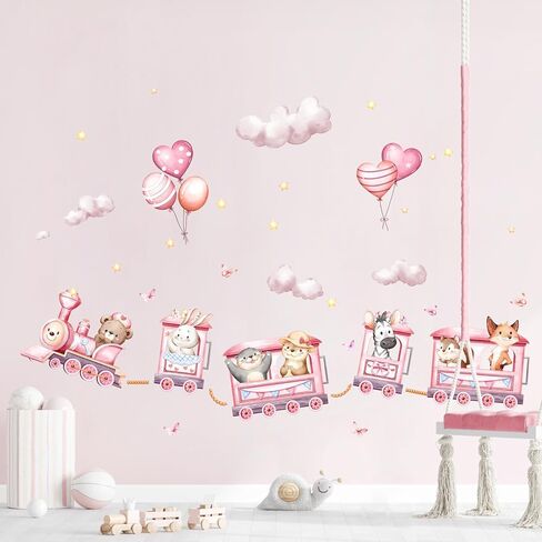 Pink Animal Train Wall Decals, Safari Bear Rabbit Zebra on Outing Wall Stickers Peel and Stick Jungle Wall Decal Self Adhesive Wall Art Sticker for Girls Baby Nursery Kids Room Home Decor in Kuwait