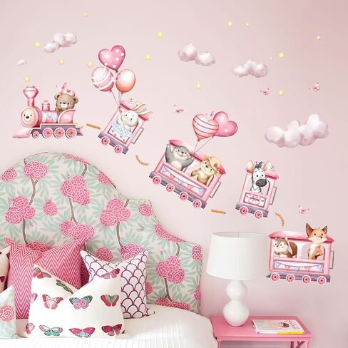 Pink Animal Train Wall Decals, Safari Bear Rabbit Zebra on Outing Wall Stickers Peel and Stick Jungle Wall Decal Self Adhesive Wall Art Sticker for Girls Baby Nursery Kids Room Home Decor in Kuwait